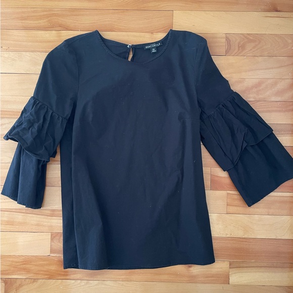 Cotton JCrew Top with Black Ruffle Sleeves - Picture 1 of 4